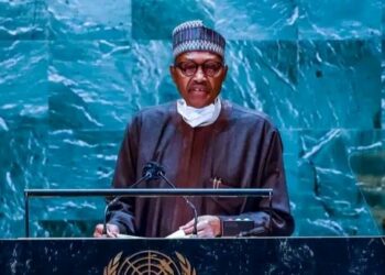 Nigerian President, Muhammadu Buhari addressing the members of the 77th session of United Nations General Assembly in New York, USA